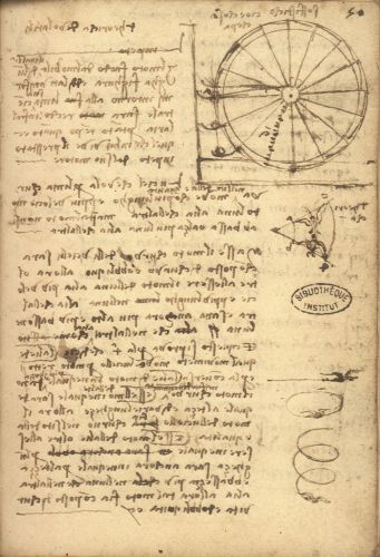 Leonardo da Vinci, Manoscritto E (IFP), f. 50r - Ruota idraulica perpetua
